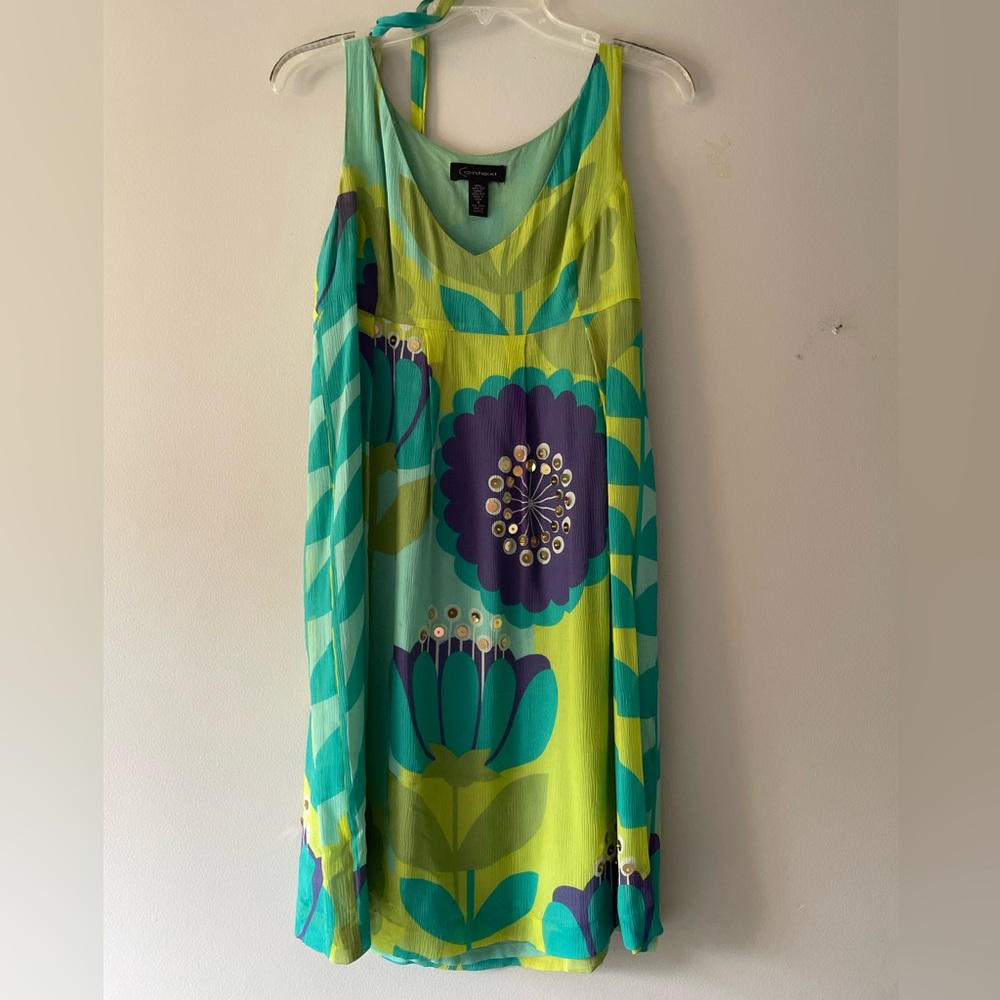 100% Silk Floral Green, Purple, Blue Dress
